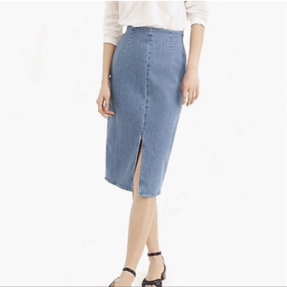 J Crew Light Wash Denim Pencil Skirt Front Slit Size 25